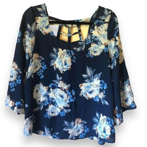 Lily White Navy Blue Flower Light Blouse with Bell Sleeves - Size L